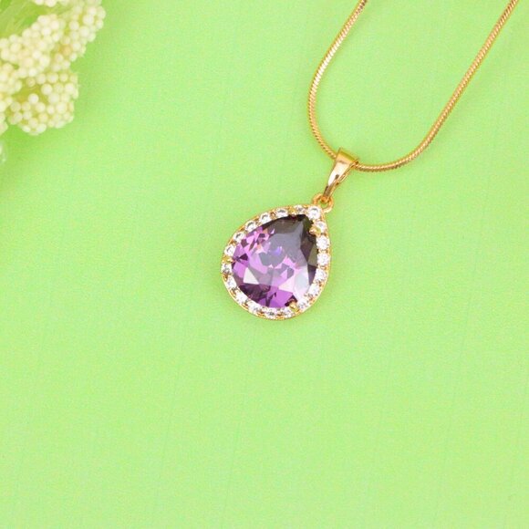 "Teardrop Purple Pendant with Crystal Halo in Elegant Rose Gold Finish, XPPT1615 - Picture 11 of 13